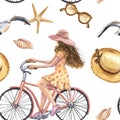 Watercolor summer style seamless pattern with hand drawn girl on a bicycle, starfish, seashell, seagull, sunglasses on white Royalty Free Stock Photo