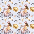 Watercolor summer vacations seamless pattern, bicycle girl illustration. Summer beach bike and young women in summer dress and hat Royalty Free Stock Photo