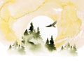 Watercolor summer vector landscape in green and golden colors. Forest, eagle and sunrise. Hand drawn illustration Royalty Free Stock Photo