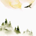 Watercolor summer vector landscape in green, golden and white colors. Nature watercolor template. Forest, sun and eagle. Hand