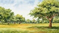 Watercolor Summer Vibrant Mango Tree Meadow Illustration