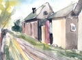 Watercolor summer village landscape. Road in the village. Watercolor illustration.