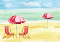 watercolor sunbed and sun umbrella on the sea coast, red and white striped deckchairs on the beach, sketch of seascape Royalty Free Stock Photo