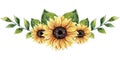 Watercolor sunflower arrangement, floral border. Royalty Free Stock Photo