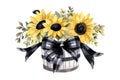 Watercolor Sunflower backet with black and white bow. Vector illustration design Royalty Free Stock Photo