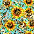 Watercolor sunflower background with gold vintage ancient acanthus.