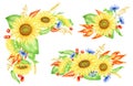 Watercolor sunflower border frames set. Hand drawn bouquets with yellow flowers, cornflowers, spikelets, red berries and Royalty Free Stock Photo