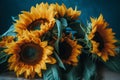Watercolor sunflower bouquet with blue patterns Royalty Free Stock Photo