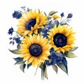 Watercolor Sunflower Bouquet: Dark Bronze And Blue Floral Arrangement Royalty Free Stock Photo