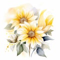 Watercolor Sunflower Bouquets: Realistic Yellow Flowers On Splattered Background