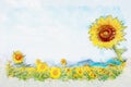 Watercolor of Sunflower field in blue sky