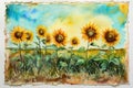 Watercolor sunflower frames on retro background Royalty Free Stock Photo