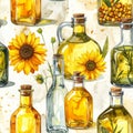 Watercolor Sunflower Oil Bottles Pattern - Rustic Kitchen Decor Royalty Free Stock Photo