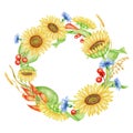 Watercolor sunflower wreath. Hand painted round floral frame with yellow flowers, cornflowers, spikelets, red berries Royalty Free Stock Photo