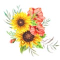 Watercolor sunflowers bouquet, hand painted sunflower bouquets, sunfower flower arrangement. Wedding invitation clipart elements. Royalty Free Stock Photo