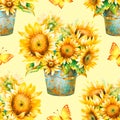 Watercolor sunflowers bouquet, seamless pattern Royalty Free Stock Photo