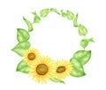 Watercolor sunflowers frame. Hand painted wreath with yellow farm flowers and leaves isolated on white background. Round Royalty Free Stock Photo