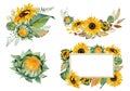 Watercolor sunflowers and leaves autumn frames, bouquets and elements