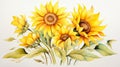 Watercolor Sunflowers Painting On White Background - Jody Bergsma Style