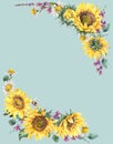 Watercolor sunflowers summer vintage wreath. Natural yellow floral frame Royalty Free Stock Photo