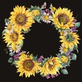 Watercolor sunflowers summer vintage wreath. Natural yellow floral frame