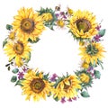 Watercolor sunflowers summer vintage wreath. Natural yellow floral frame Royalty Free Stock Photo