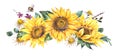 Watercolor sunflowers summer vintage wreath. Natural yellow floral greeting card