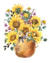 Watercolor sunflowers in a wicker bag. Summer floral greeting card