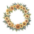 Sunflower wreath with leaves painted in watercolor style Royalty Free Stock Photo