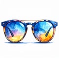 Watercolor Sunglasses Reflection Sunset Beach Royalty Free Stock Photo