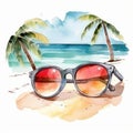 watercolor sunglasses on tropical beach clipart generative AI