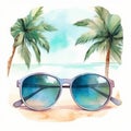 watercolor sunglasses on tropical beach on white background generative AI