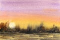 Watercolor sunny landscape. Colorful sunset, sky and trees. Simple minimalistic illustration