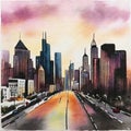 Watercolor of sunset in the city Royalty Free Stock Photo