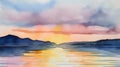 Watercolor sunset on the lake. Watercolor painting on paper.