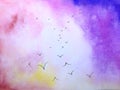Watercolor sunset landscape birds flying Royalty Free Stock Photo