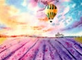 Watercolor sunset on the lavender field Royalty Free Stock Photo