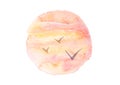 Watercolor sunset sky and gulls in circle composition. Artistic tropical sunrise, round illustration isolated on white