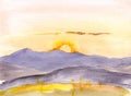 Watercolor sunset or sun rise in mountains Royalty Free Stock Photo