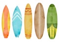 Watercolor surfboards set. Hand drawn colorful surf board illustration isolated on white background. Sea wave extreme