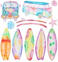 Watercolor Surfing boards and van