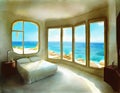 Watercolor of Surreal bedroom with stunning ocean