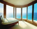 Watercolor of Surreal bedroom with stunning ocean