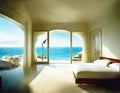 Watercolor of Surreal bedroom with stunning ocean