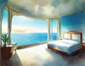 Watercolor of Surreal bedroom with stunning ocean