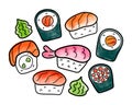Watercolor sushi rolls set, doodle line art. Various japanese sushi seafood, maki and philadelphia with raw salmon and