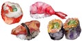 Watercolor sushi set of beautiful tasty japanese food illustration. Hand drawn objects isolated on white background. Royalty Free Stock Photo