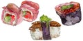 Watercolor sushi set of beautiful tasty japanese food illustration. Hand drawn objects isolated on white background. Royalty Free Stock Photo