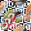 Watercolor sushi set of beautiful tasty japanese sushi illustration. Aquarelle seamless background pattern. Royalty Free Stock Photo