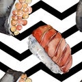 Watercolor sushi set of beautiful tasty japanese sushi illustration. Aquarelle seamless background pattern. Royalty Free Stock Photo